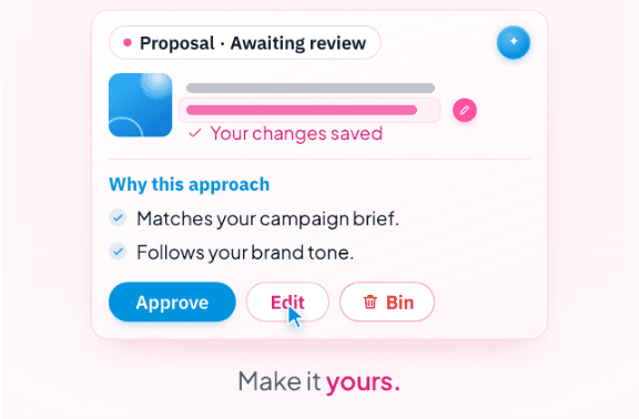 An agent's proposal awaiting review, with why it chose this approach and Approve, Edit and Bin buttons.